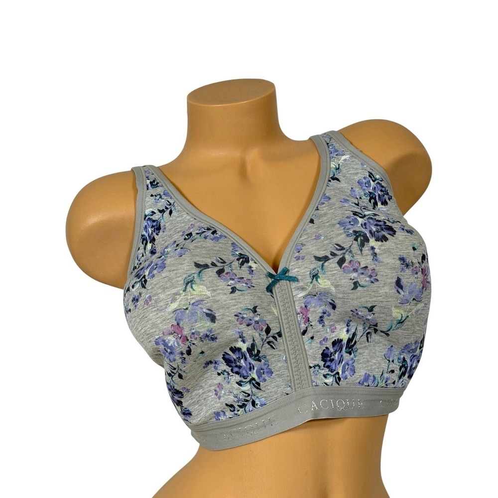 Cacique Women's 48DD Lightly Lined No-Wire Full Coverage Bra Cotton Gray Floral